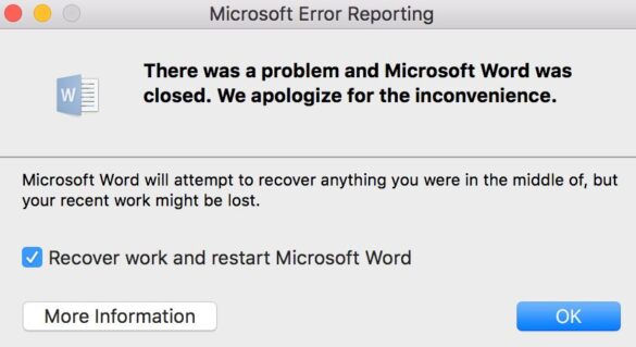 Microsoft Error Reporting Mac pop up window