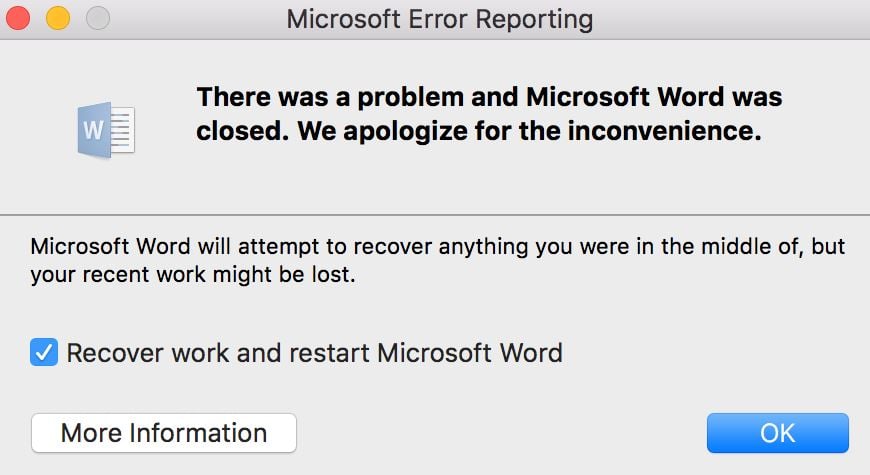 отчеты об ошибках MS для Mac