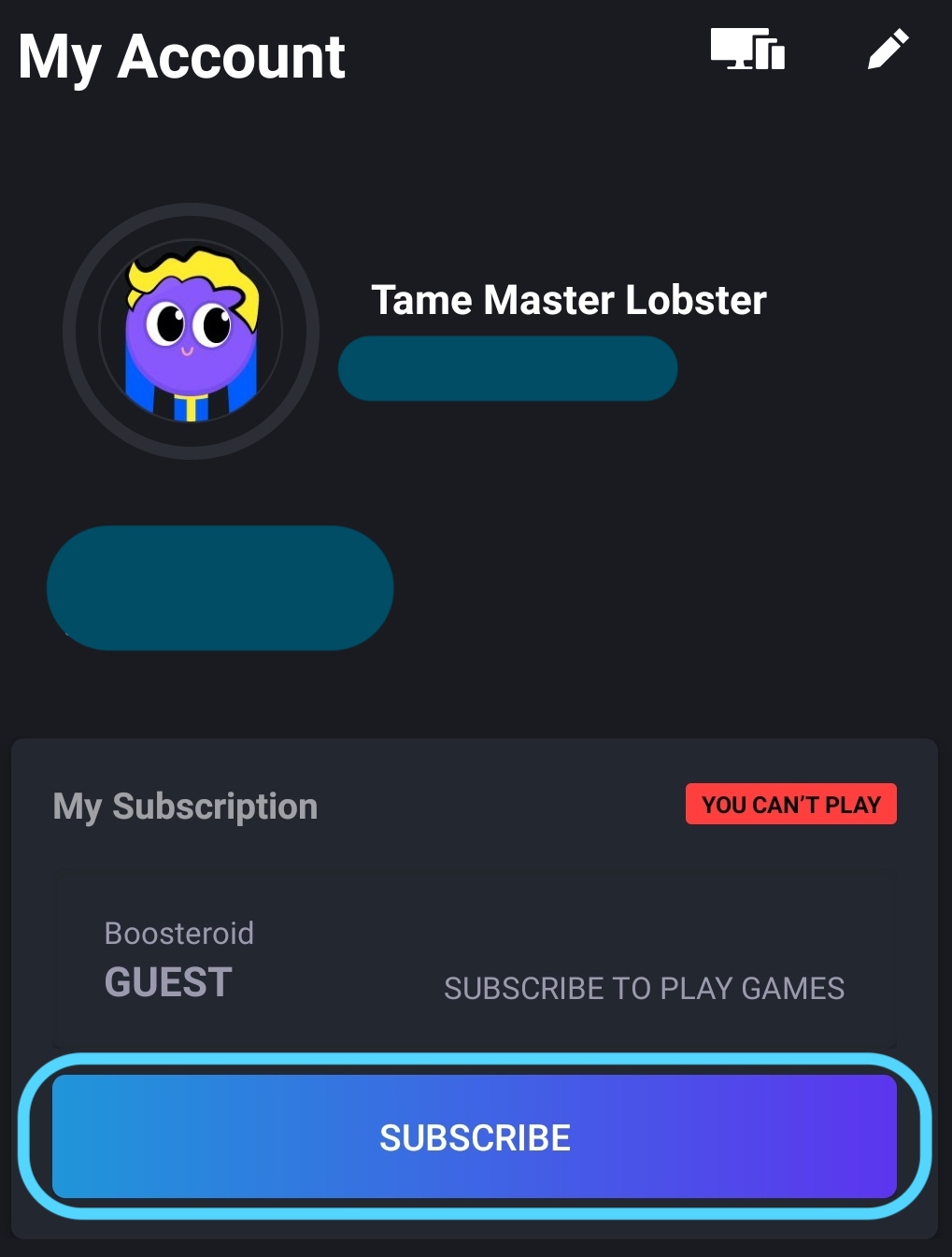 Boosteroid account page