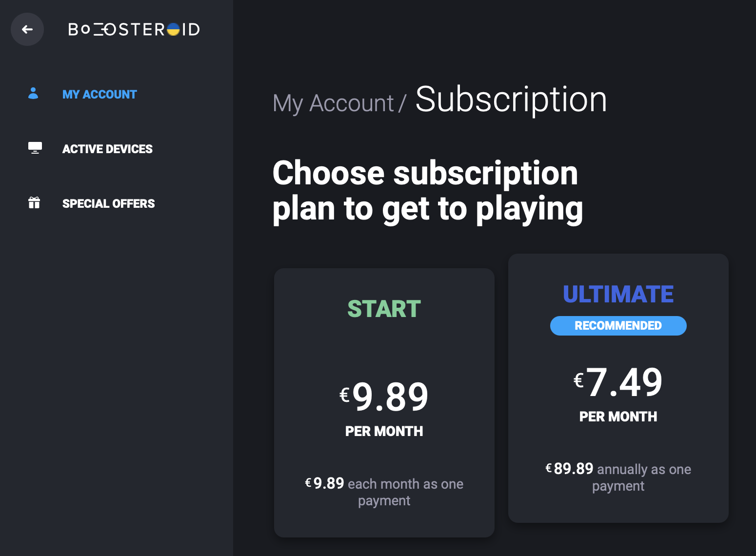 Boosteroid subscription page