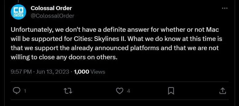cities skylines 2 mac twitter post