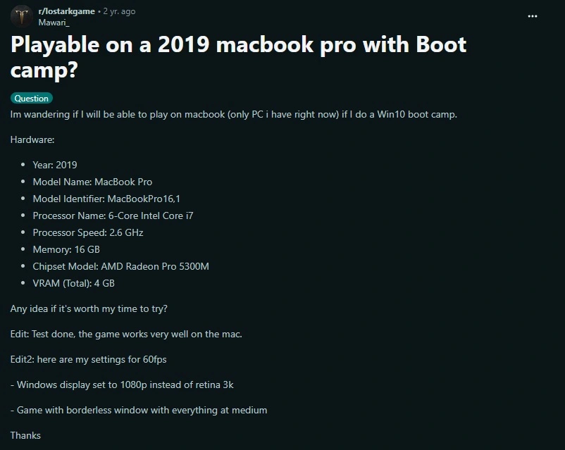 Lost Ark Mac experience from a Reddit user