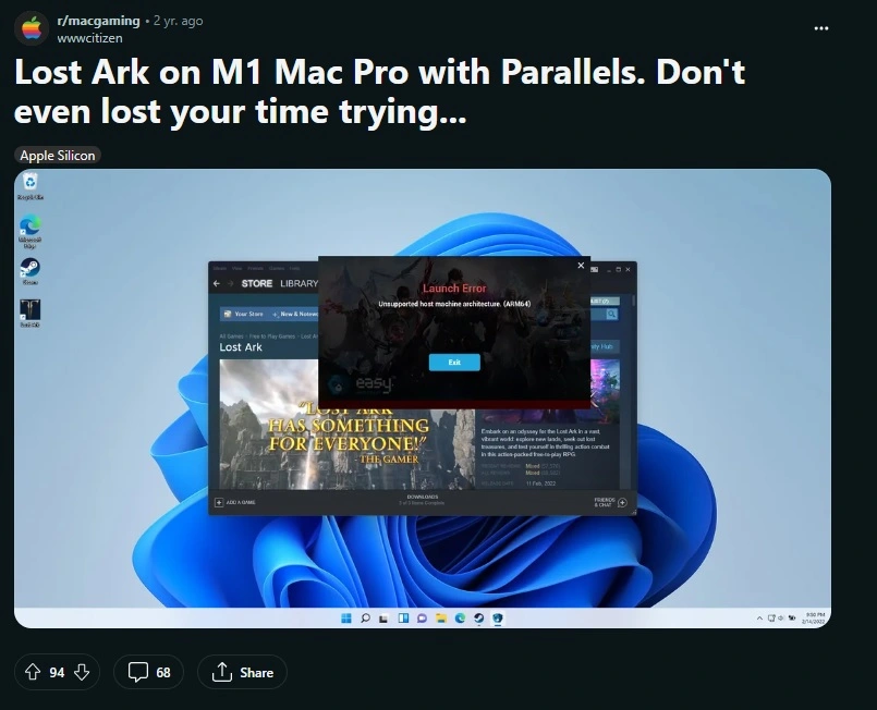 Lost Ark error with Parallels on MacOS