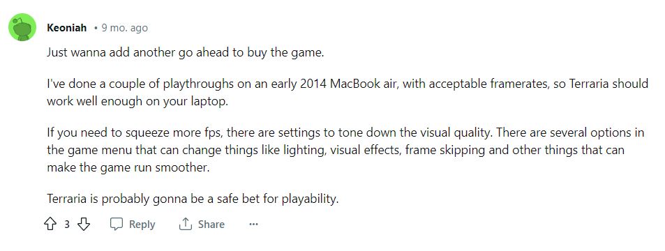 A Reedit user is sharing how to optimize Terraria for older Mac model.