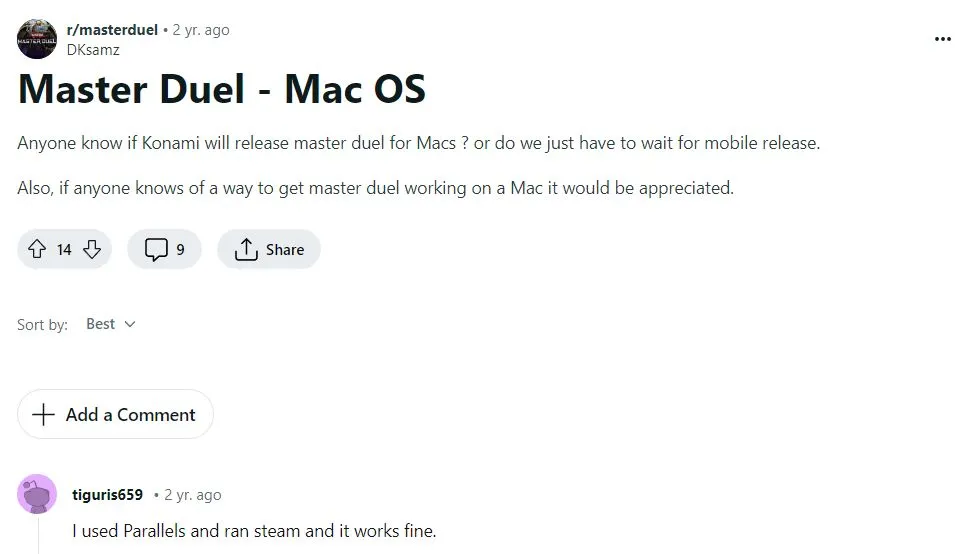 YuGiOh Master Duel Mac reddit user experience with Parallels