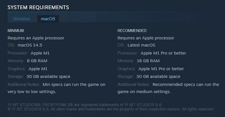 frostpunk 2 mac requirements steam